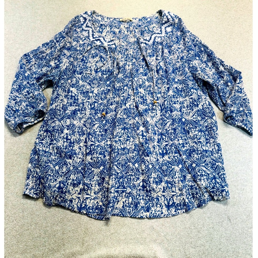 Lucky Brand Peasant Top Womens XL Blue White Medallion Embroidered Boho Blouse